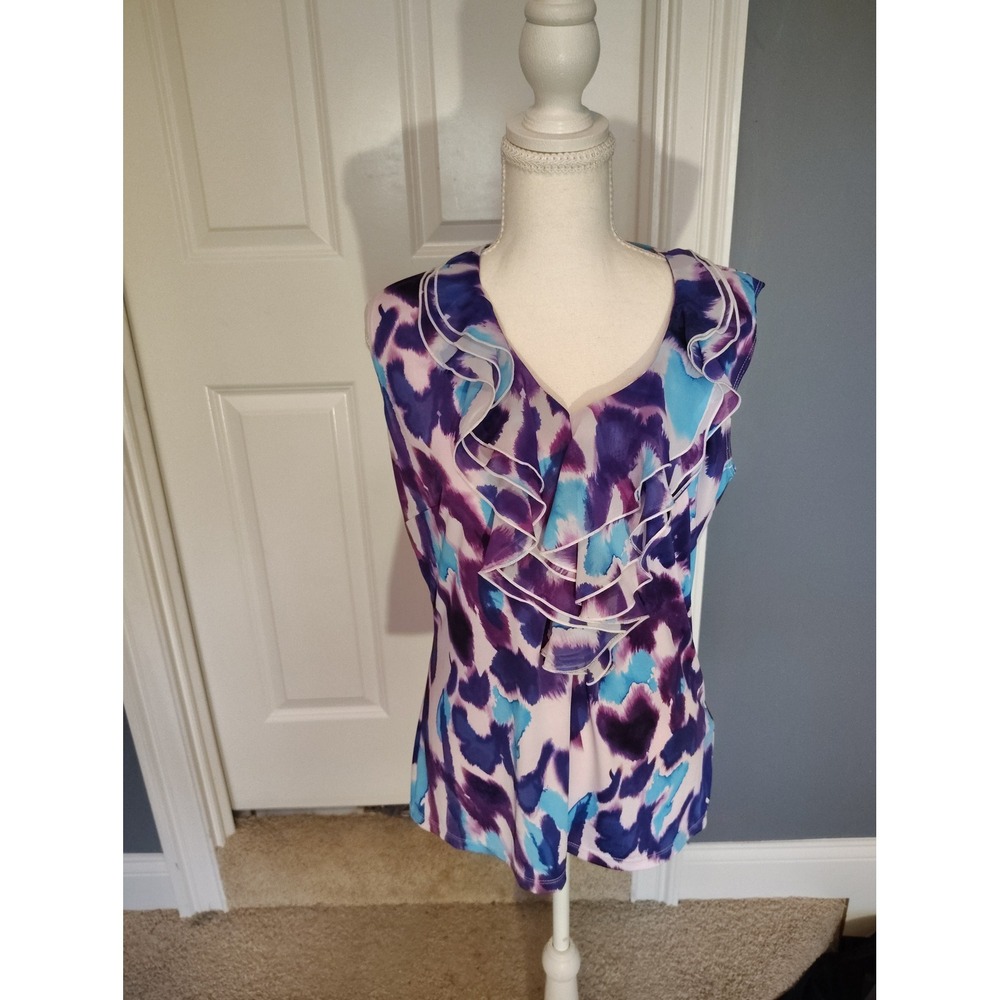 Milano Womens Purple Blue Abstract Watercolor‎ Ruffle V-Neck Sleeveless Blouse M